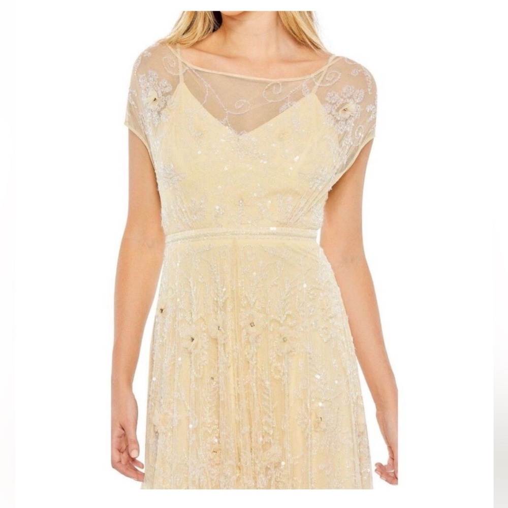 mac duggal floral embellished illusion cap sleeve gown butter up NWT SIZE 8